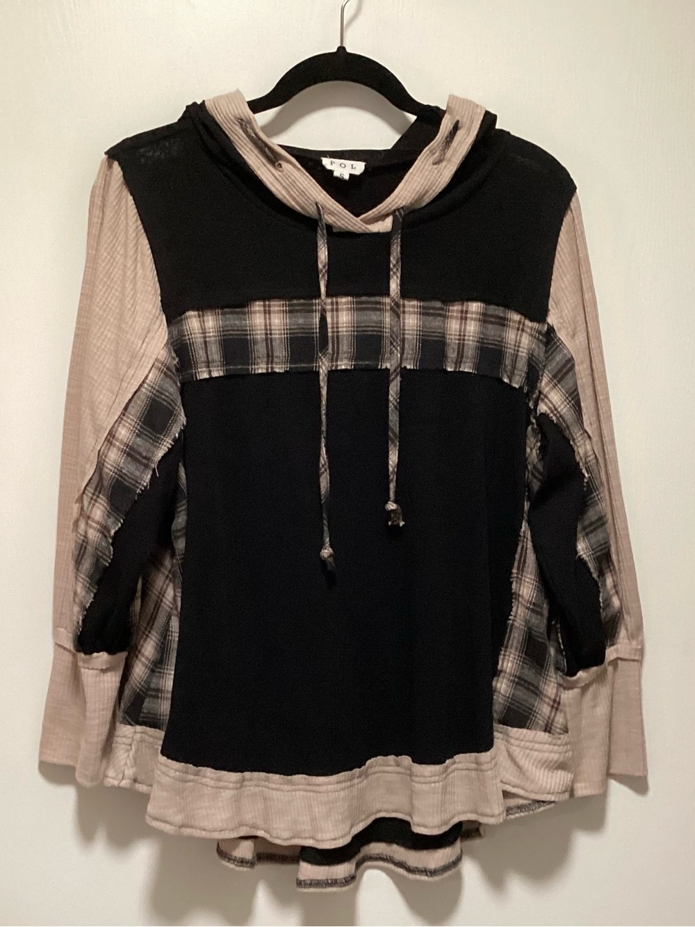 POL Casual Hooded Plaid Panel Top - Black and Beige